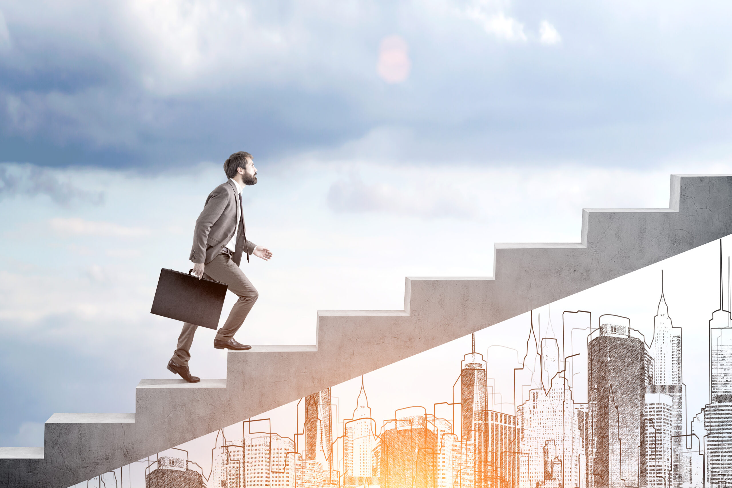 An employee holding a suitcase going up the stairs, showing career advancement.